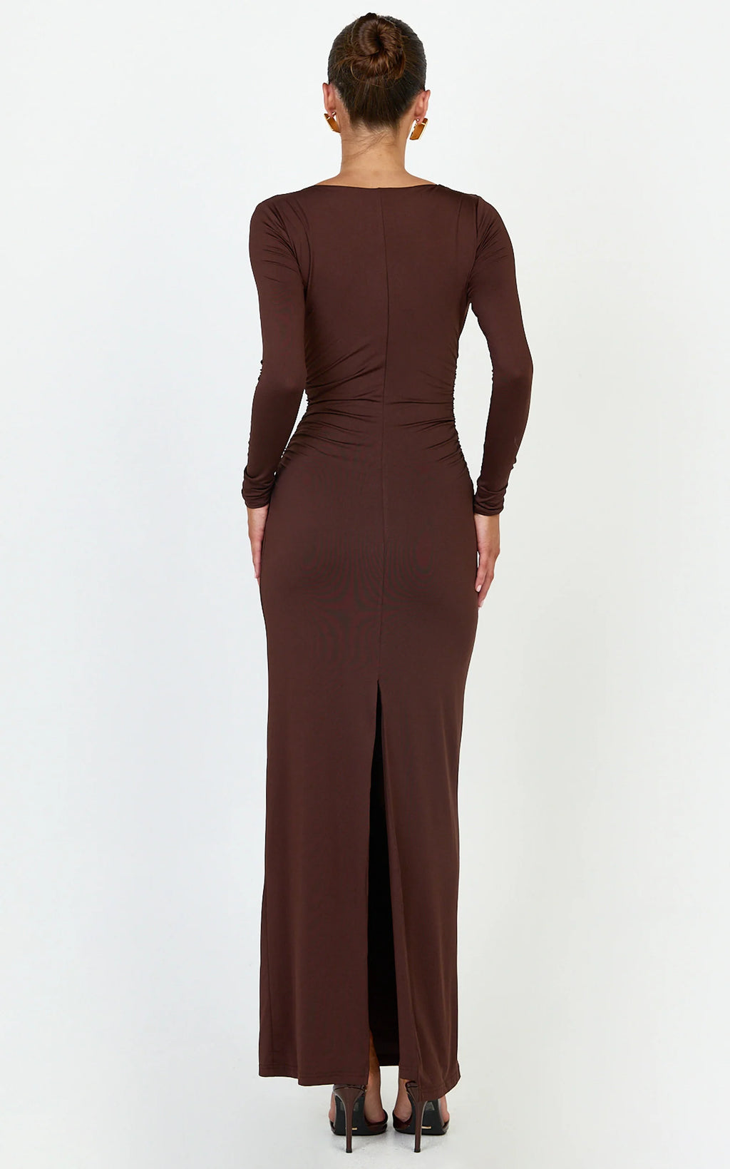 Juniper Maxi Dress - V Neckline Long Sleeve Gathered Detail Dress in Dark Chocolate