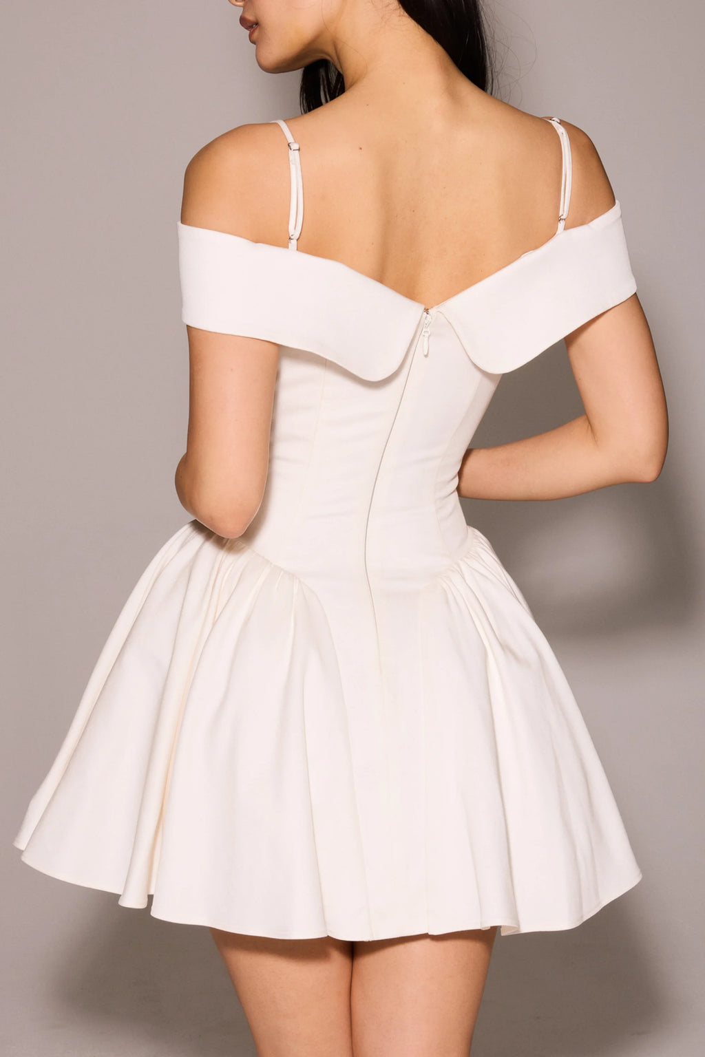 white twill off shoulder mini dress