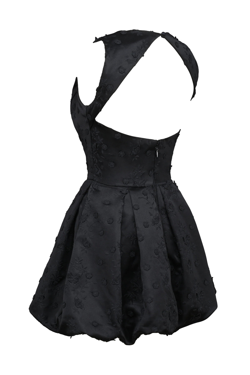 black backless embroidered mini puffball dress