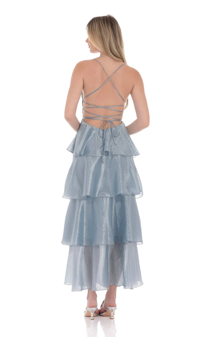 Crinkle Sheen Maxi Dress in Slate Blue