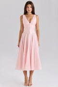 pink chiffon button midi dress