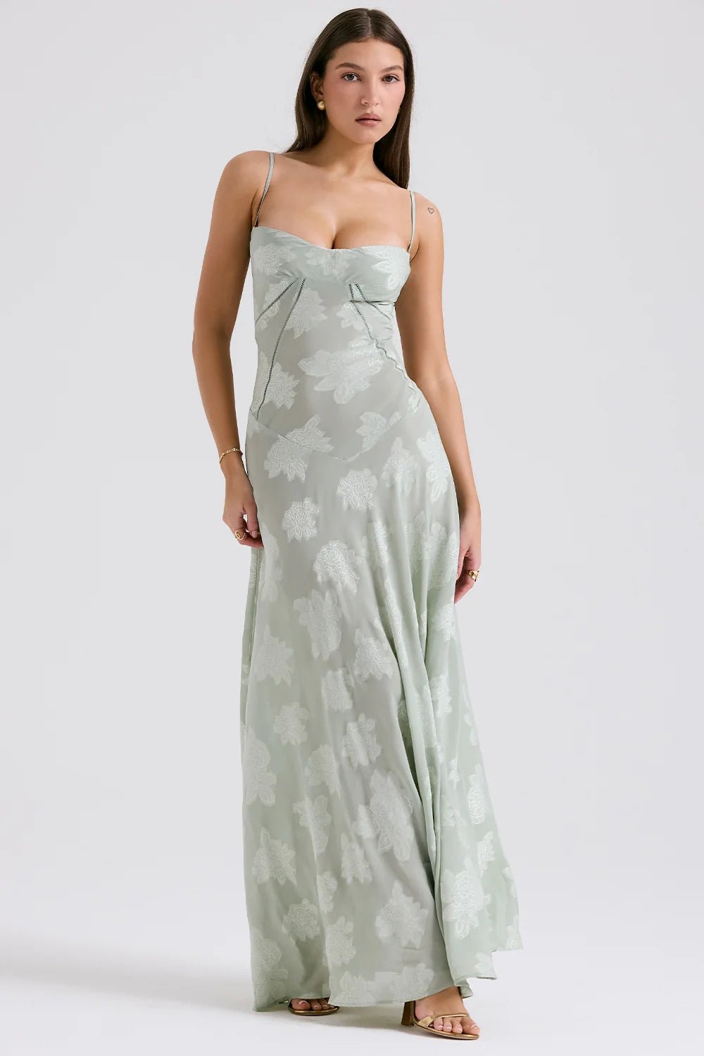 pistachio floral lace back maxi dress