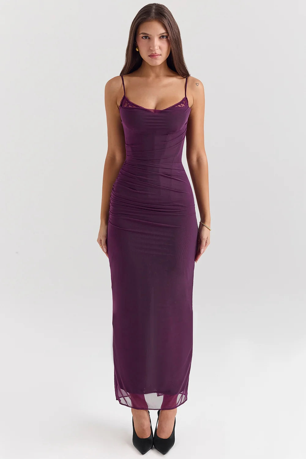 grape mesh corset maxi dress