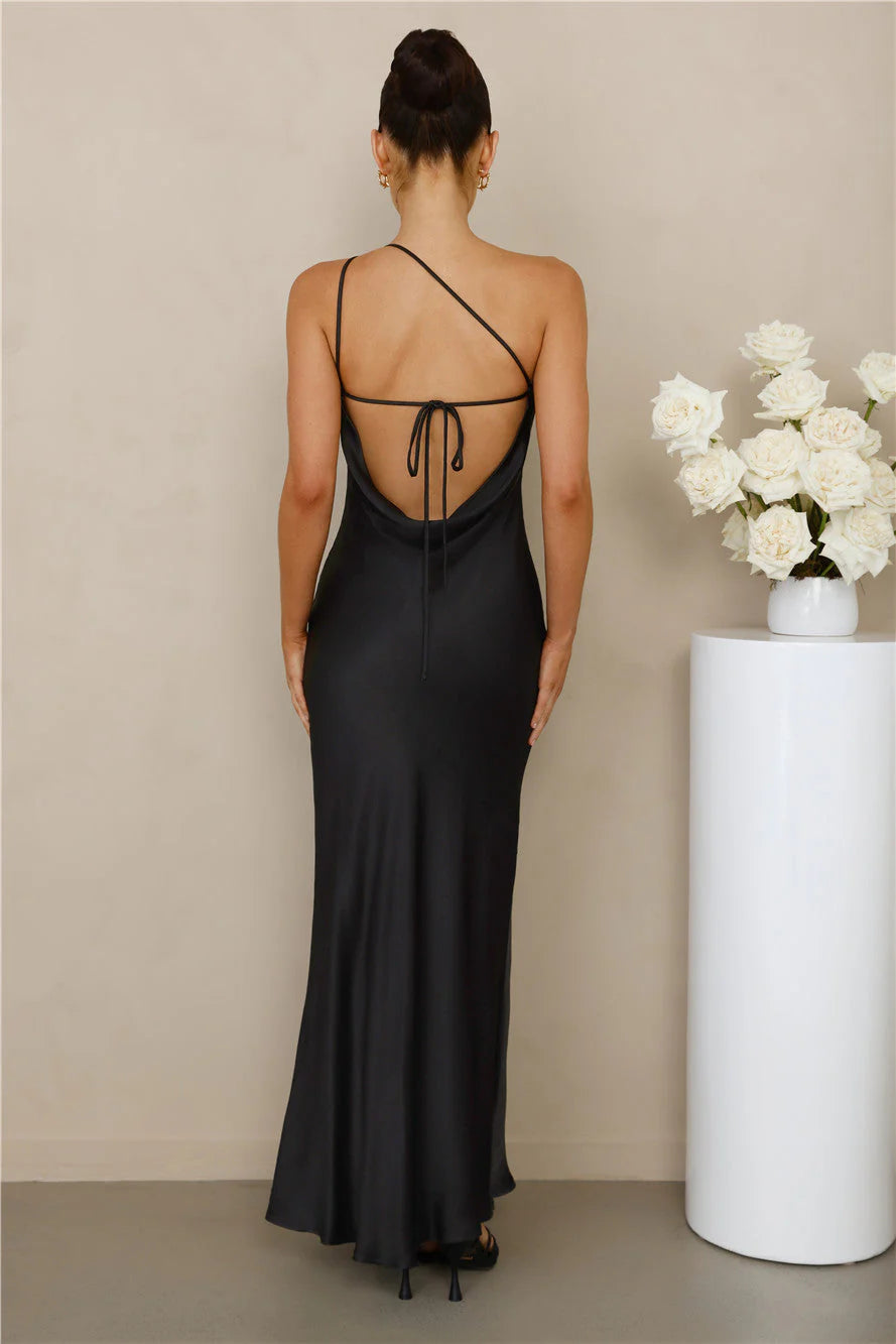 The Evangeline One Shoulder Satin Maxi Dress Black
