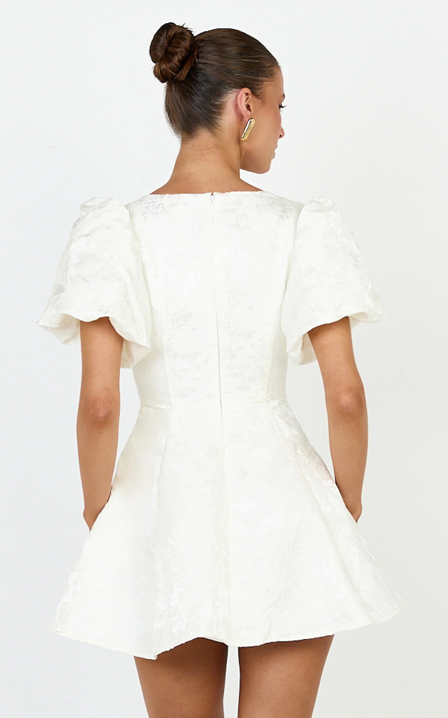 Rosalie Mini Dress - Floral Jacquard V Neck Fit and Flare Dress in White