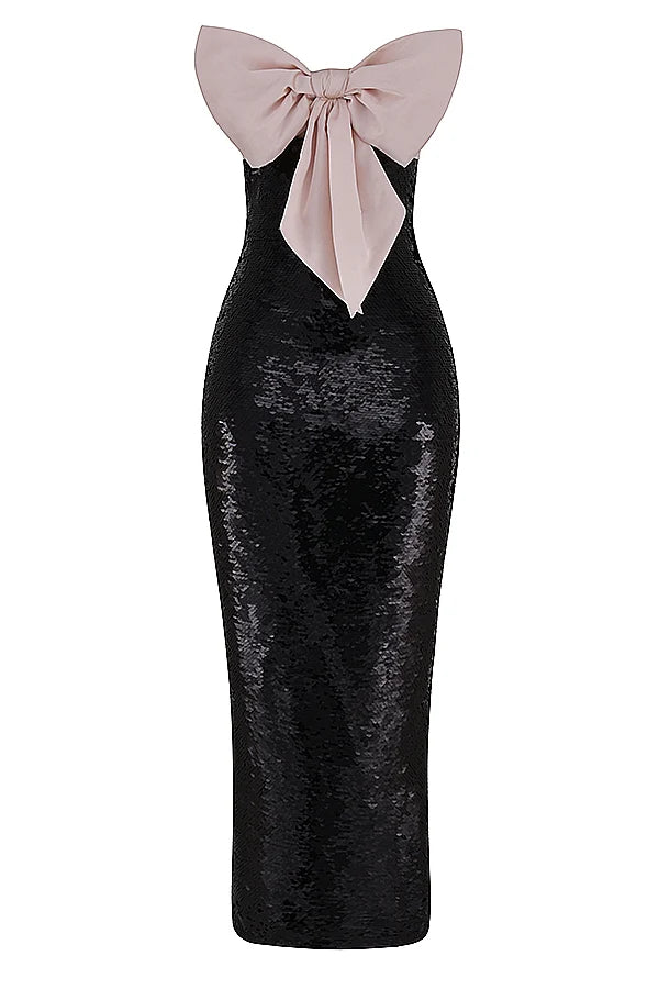 black sequin strapless bow dress