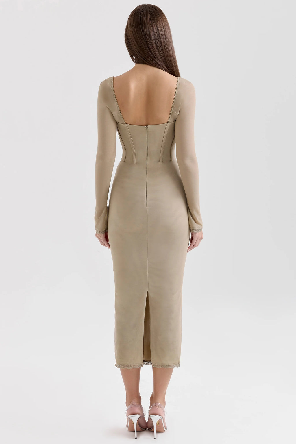 beige mesh long sleeve bodycon midi dress