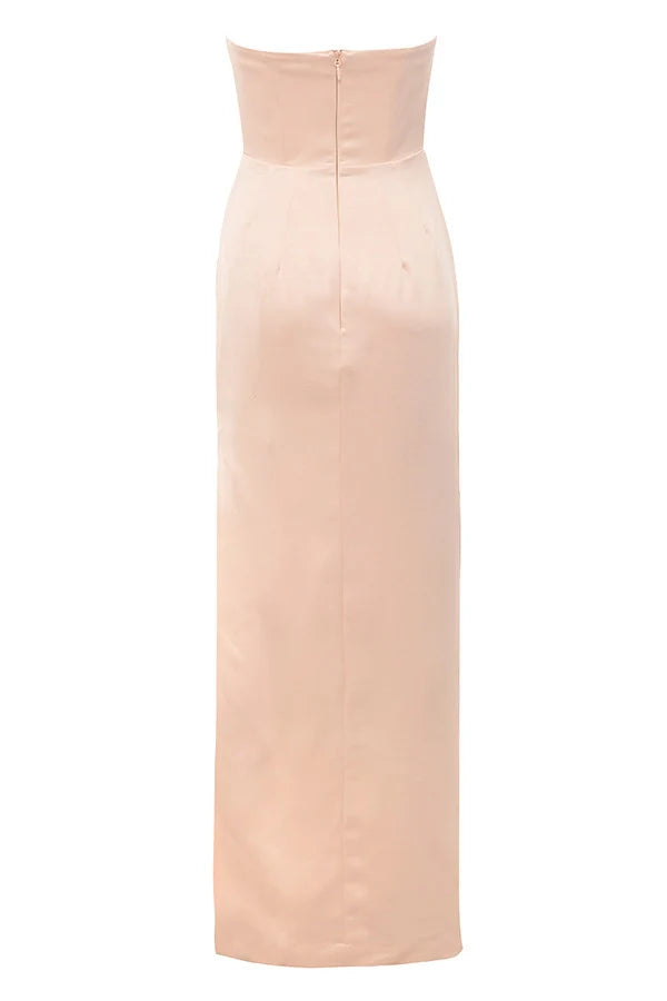 champagne satin strapless gown