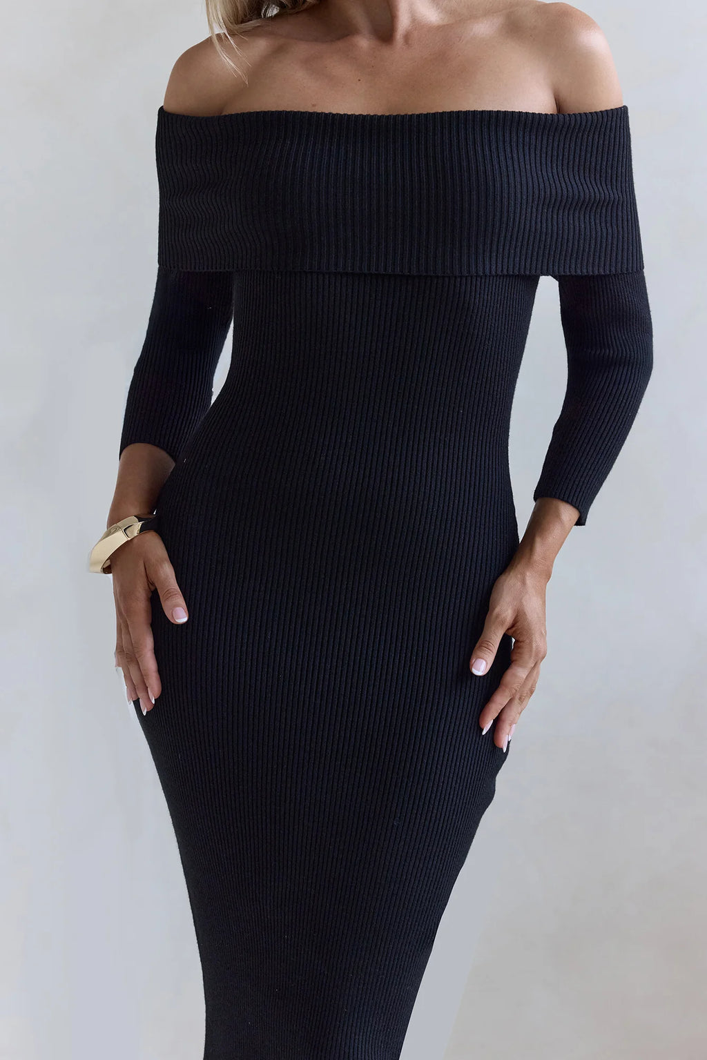 Chilled Luxe Off Shoulder Knit Maxi Dress Black