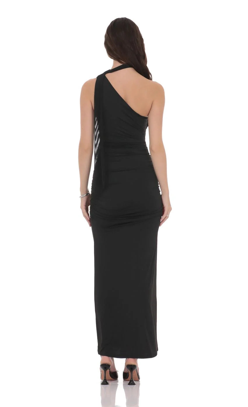 One Shoulder Scarf Wrap Maxi Dress in Black
