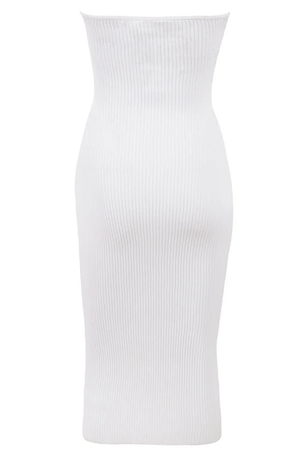 white ribbed knit strapless midi dress