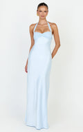 Flynn Maxi Dress - Satin Halter Sweetheart Neck Dress in Blue