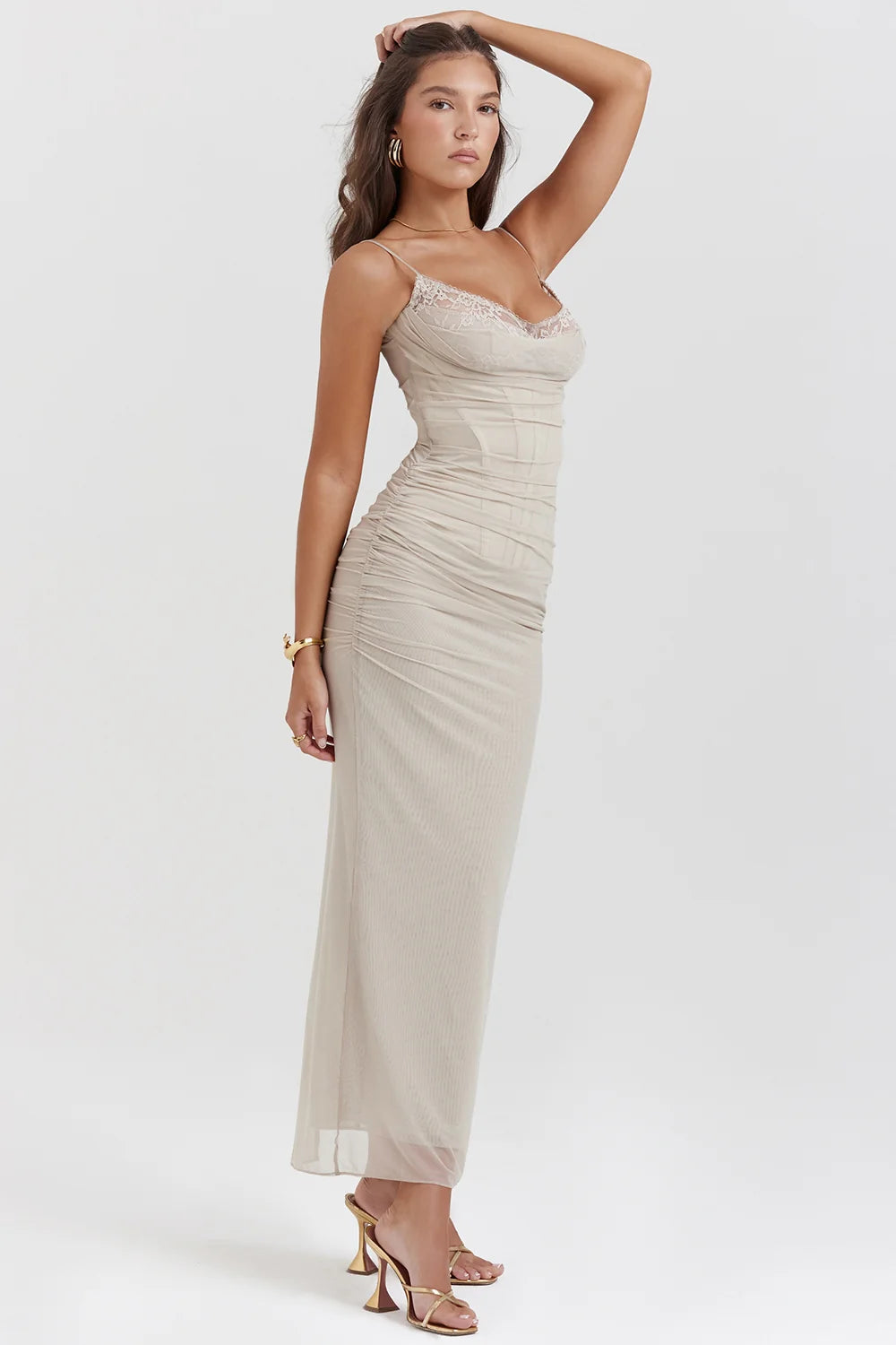 sand stretch mesh maxi dress