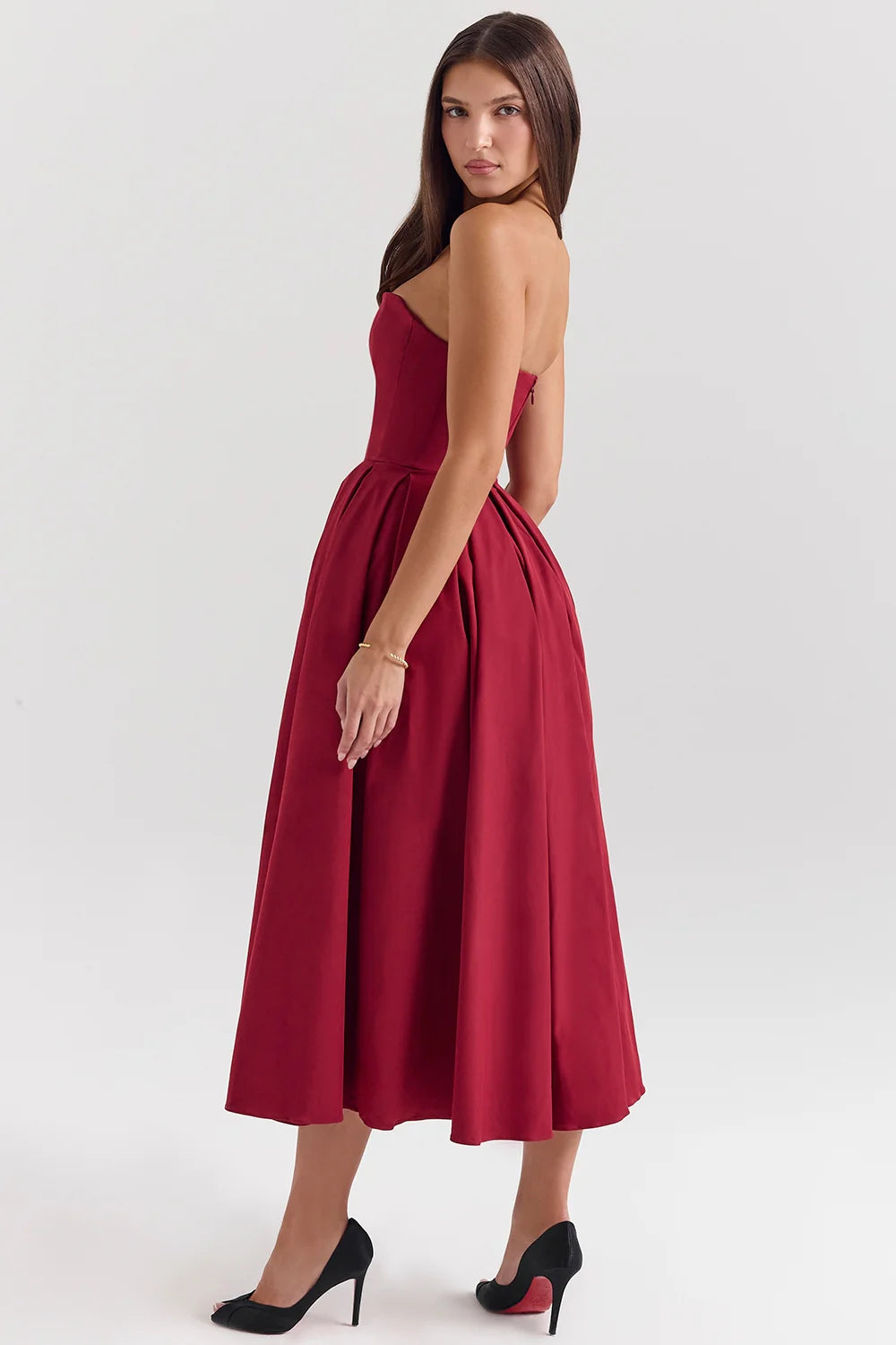 berry strapless detachable bow midi dress
