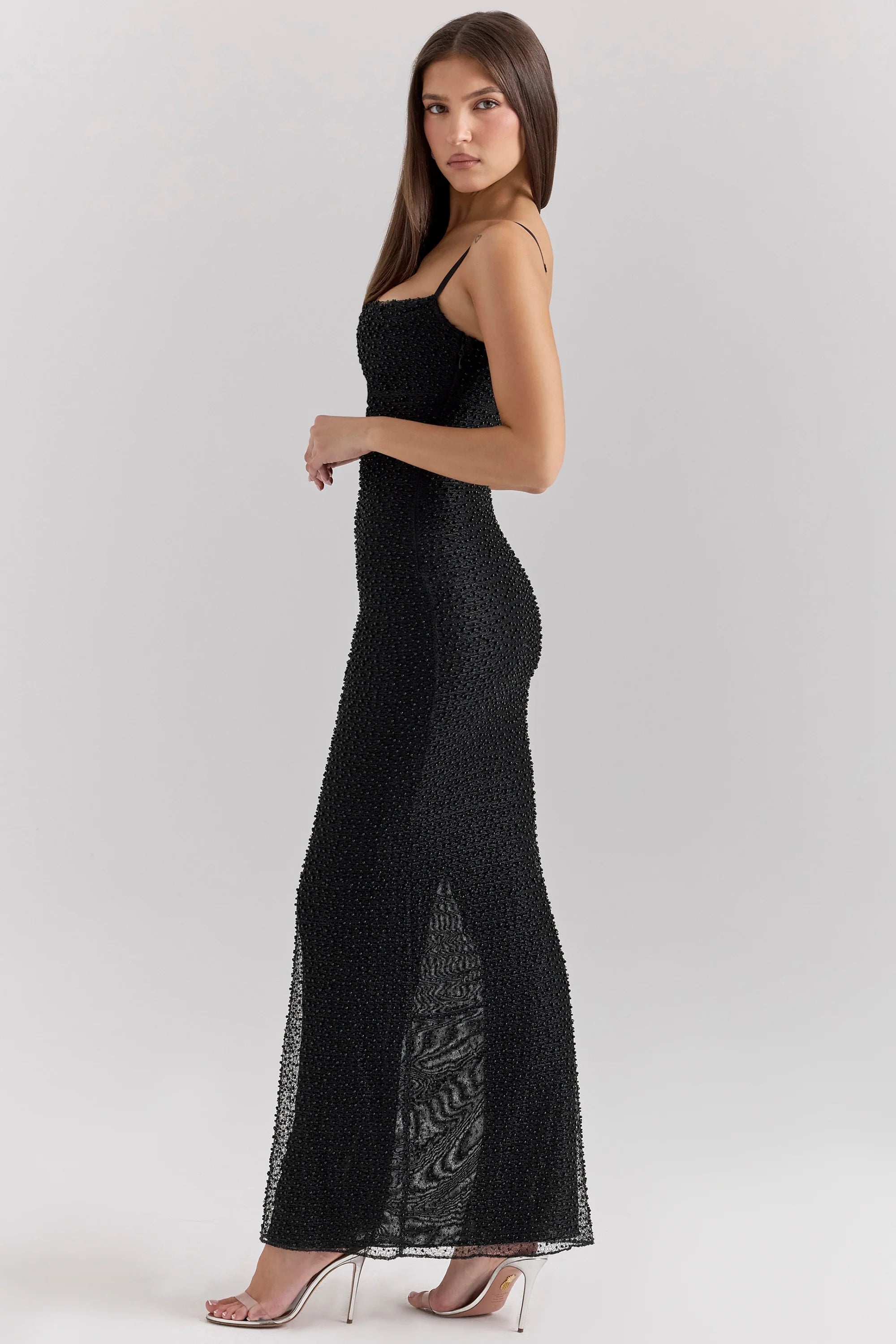 black pearl embellished maxi dress