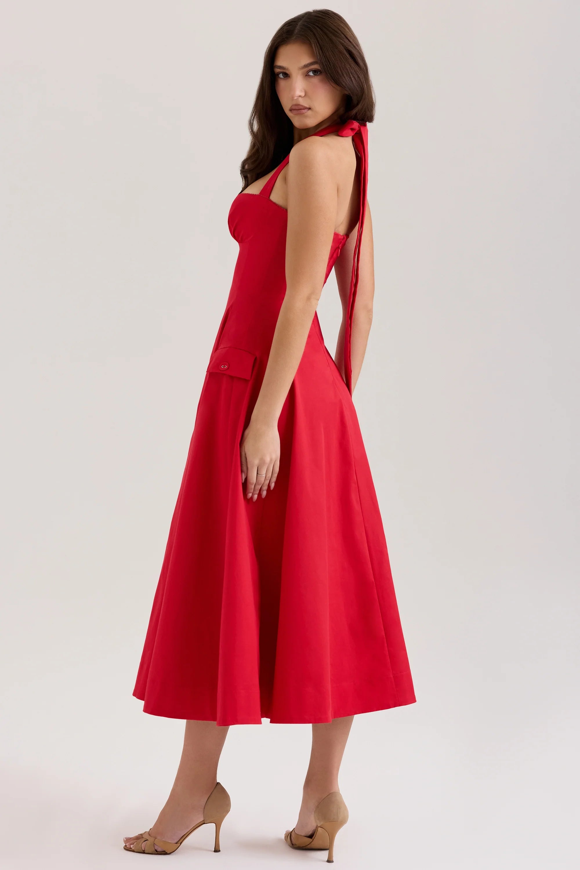 red stretch cotton button halter neck midi dress