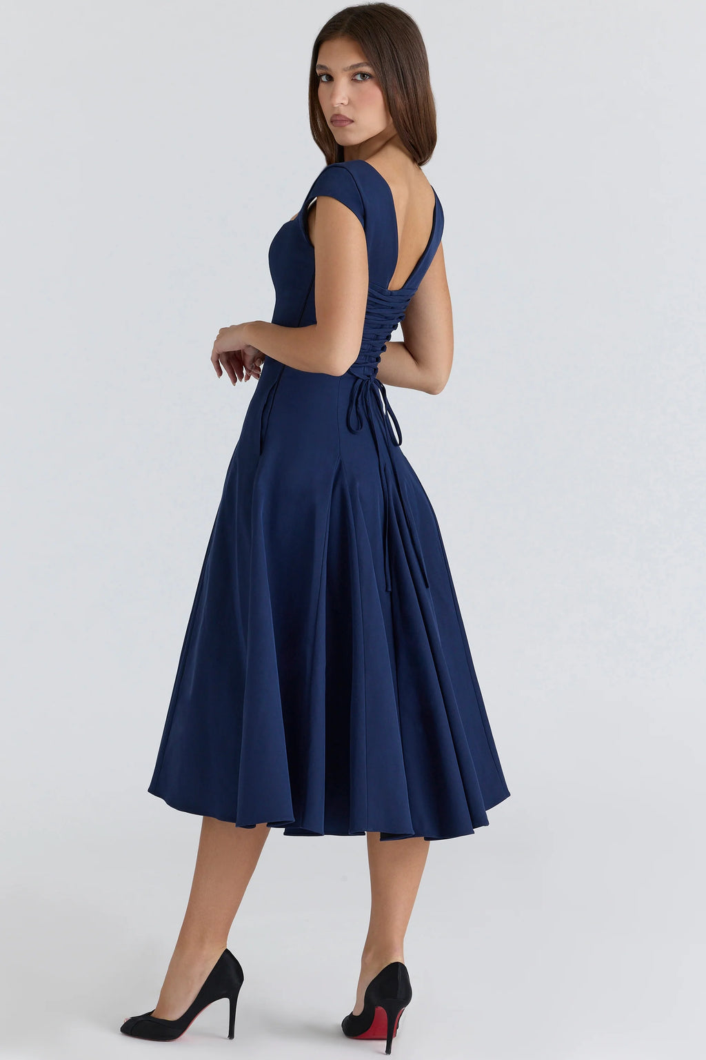 navy lace back twill midi dress