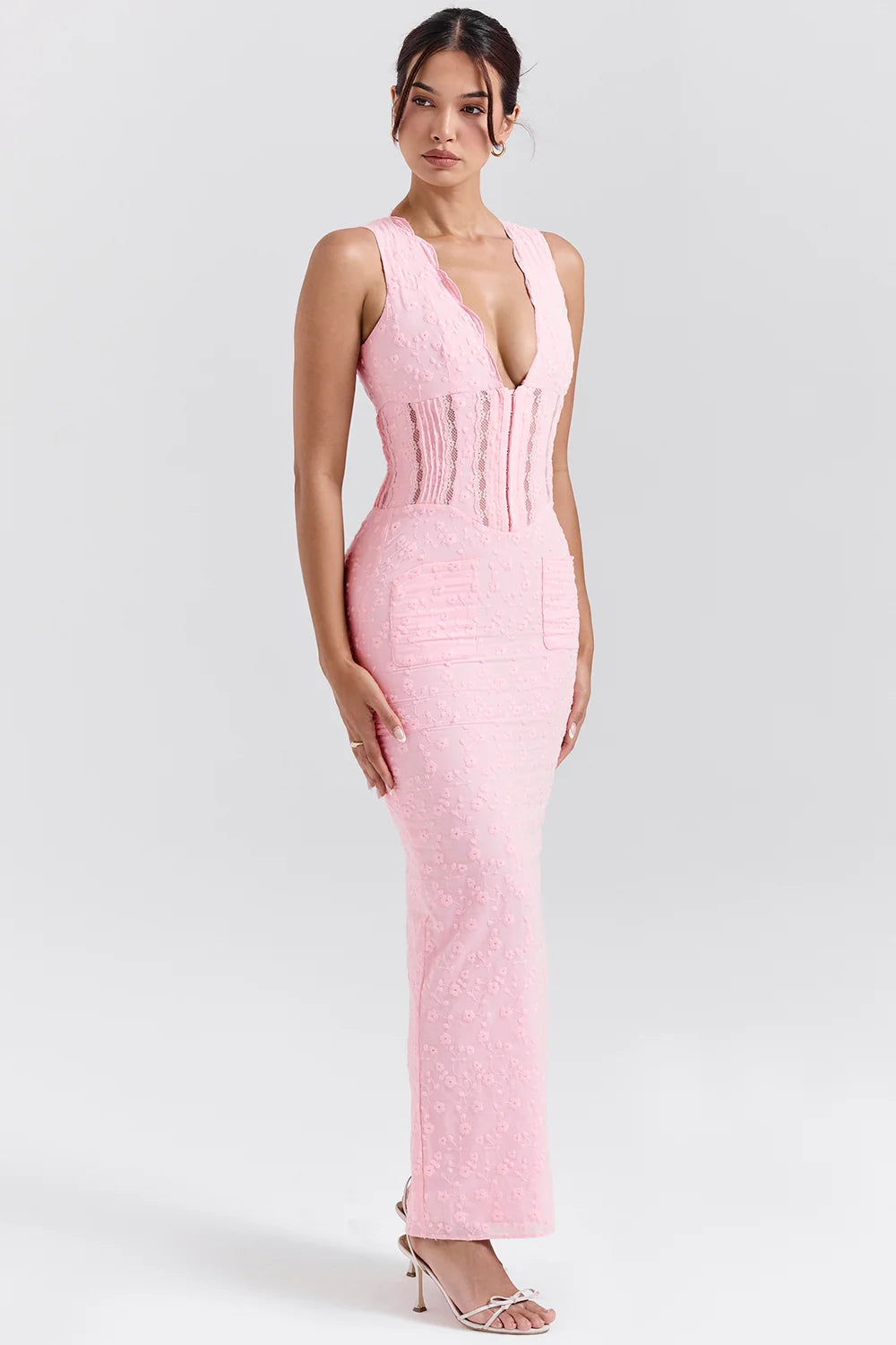 perfectly pink broderie anglais plunge maxi dress