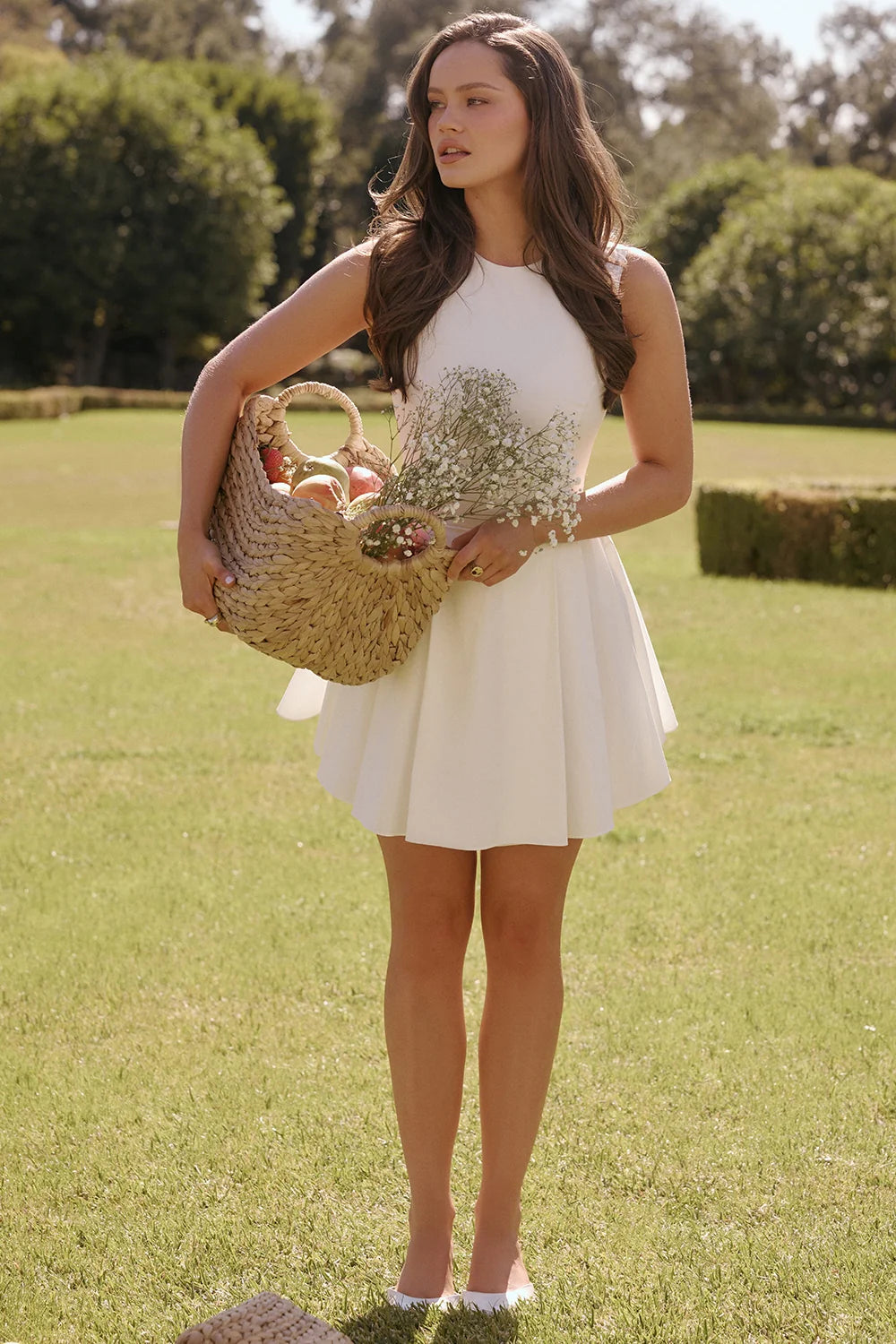 white pleated cotton mini dress
