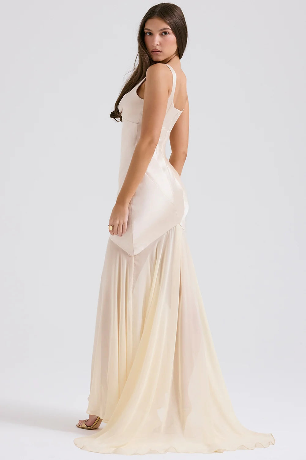 champagne chiffon floor length gown