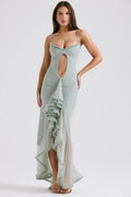 pistachio ruffled front gown