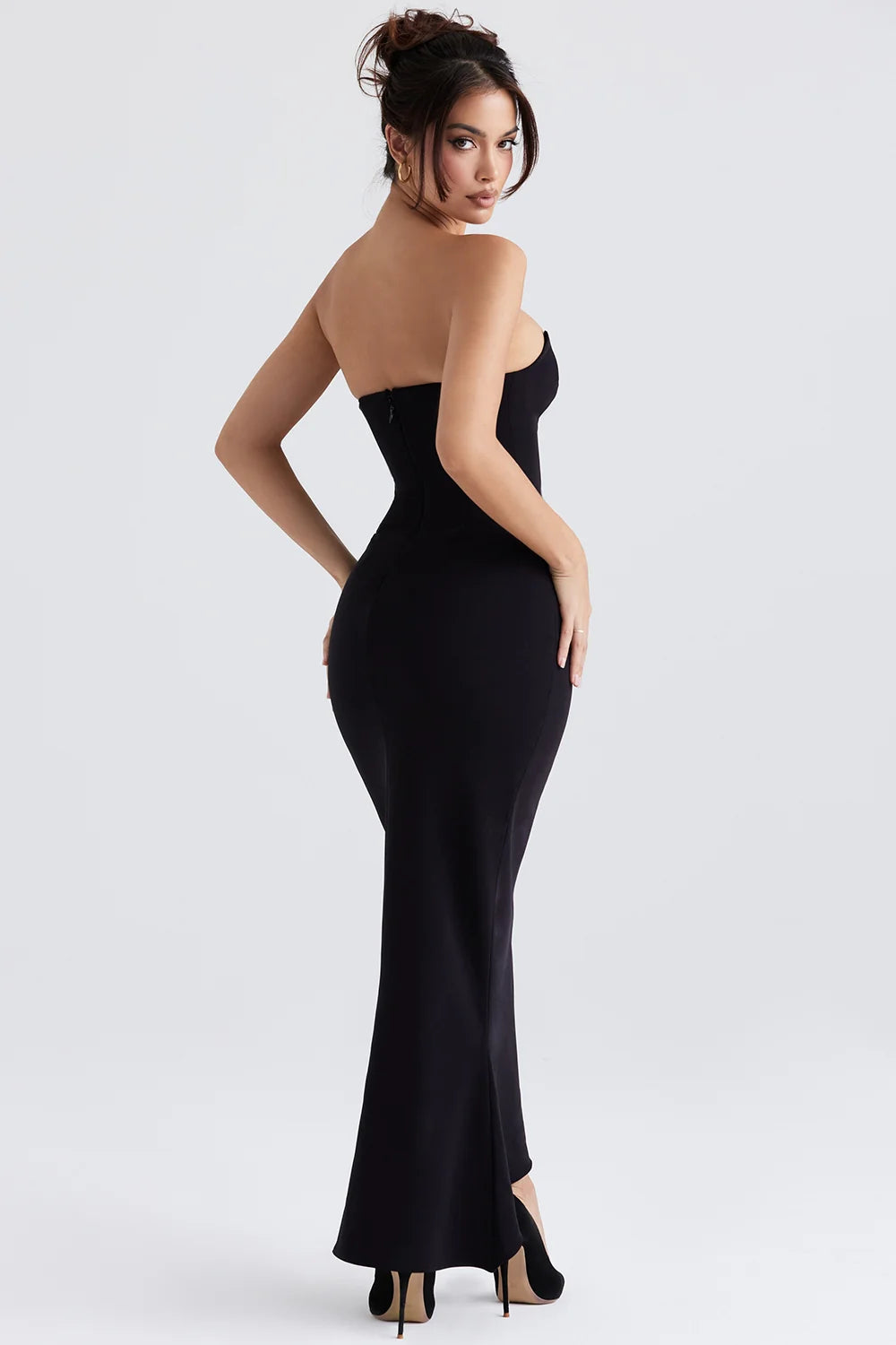 black crepe strapless corset dress