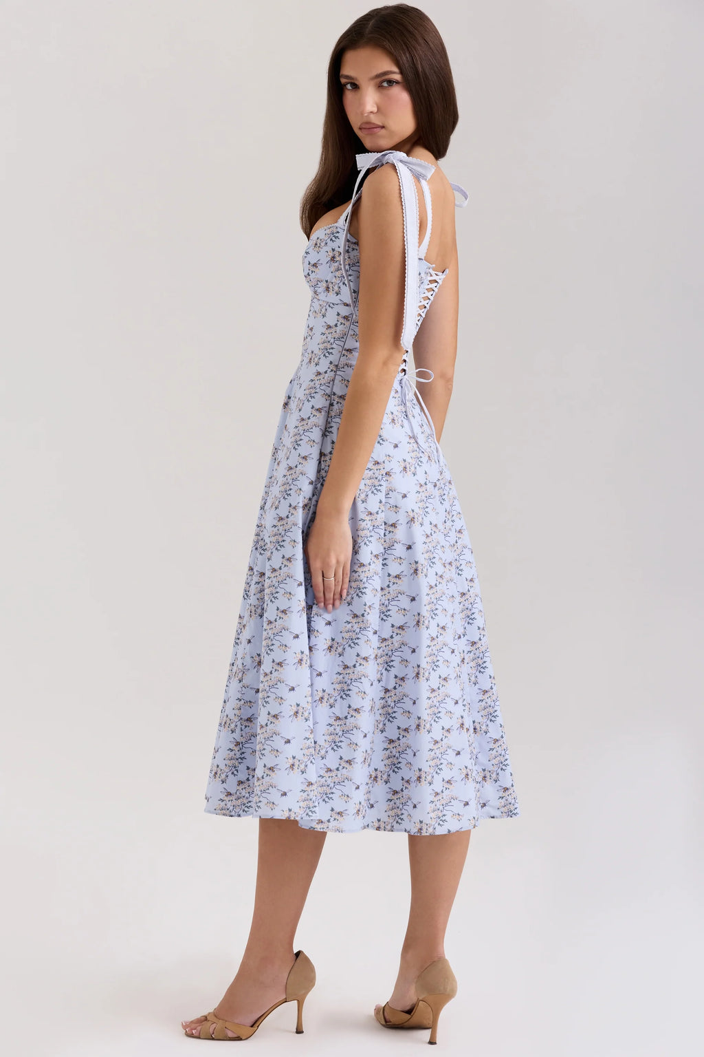 blue floral print stretch cotton midi sundress
