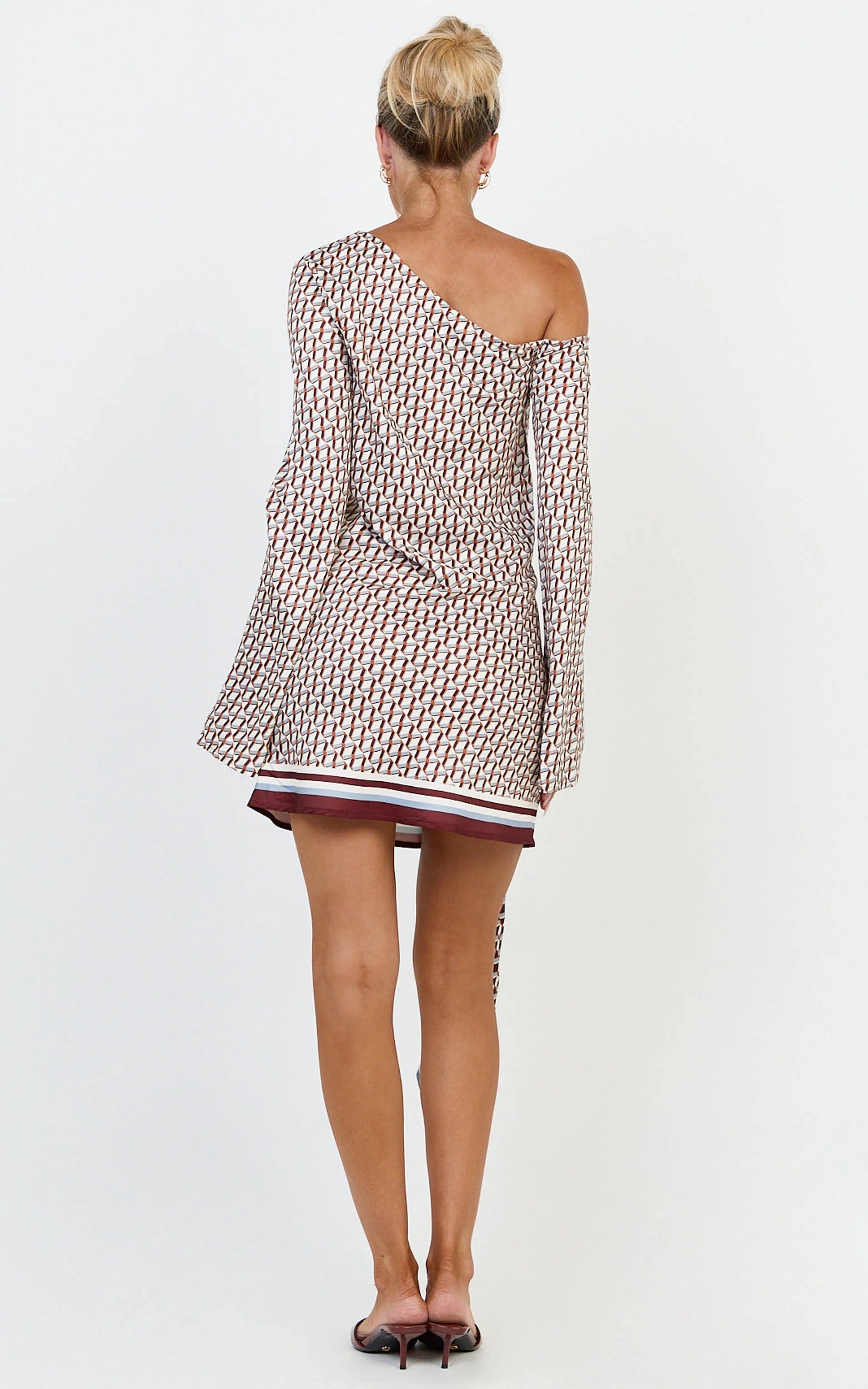 Noelle Mini Dress - Geo Print Off Shoulder Tie Front Dress in Geo Border Print