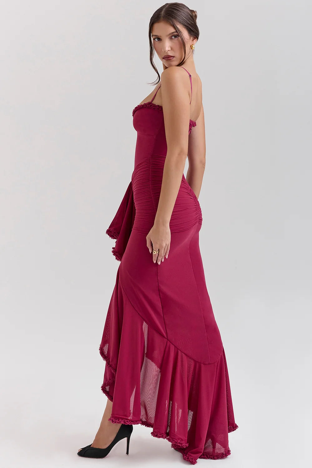 wine ruffled front gown