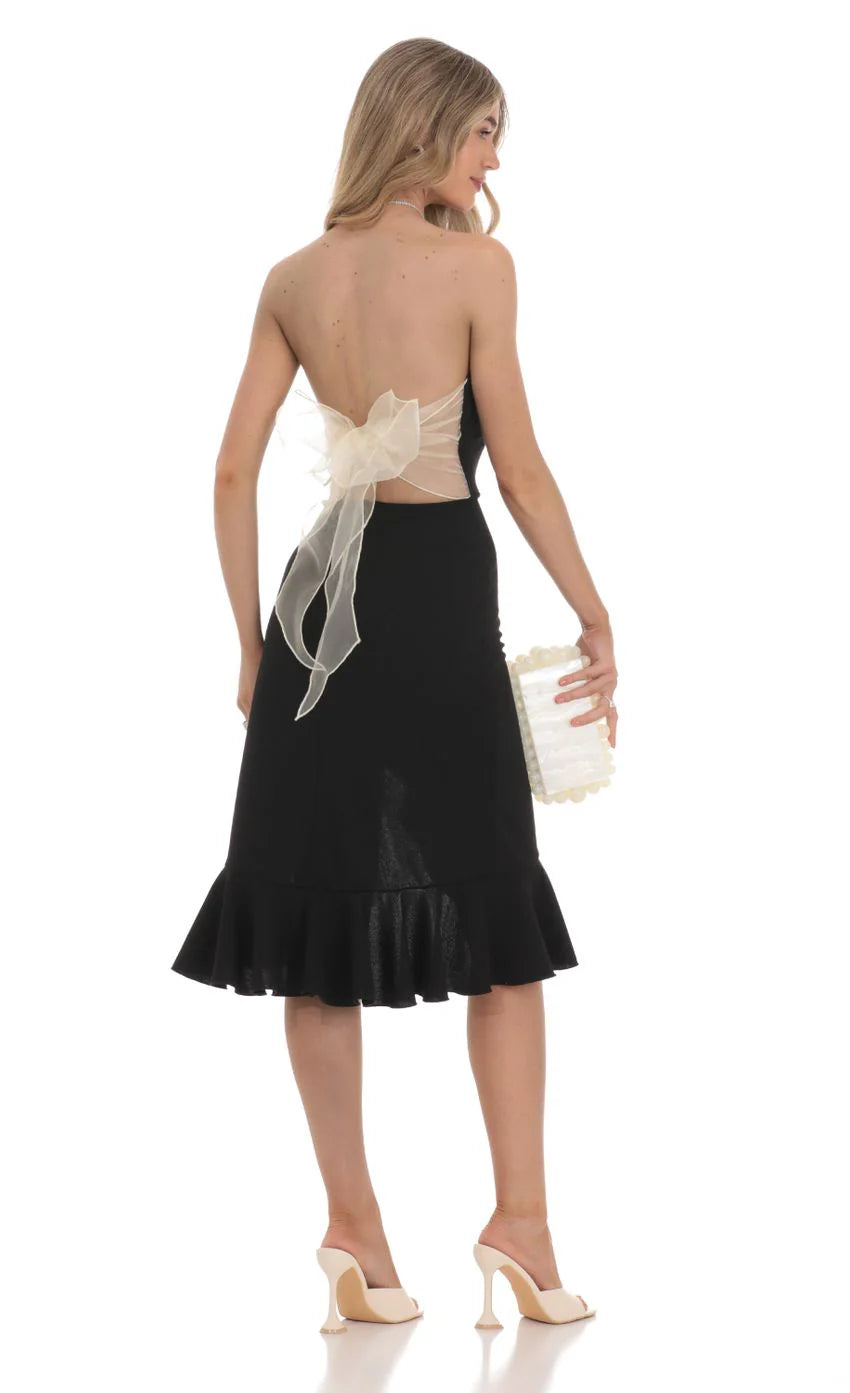 Strapless Back Bow Midi Dress in Black