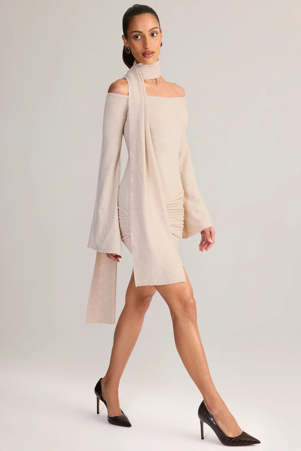 Knit Scarf-Detail Off-Shoulder Mini Dress in Cream