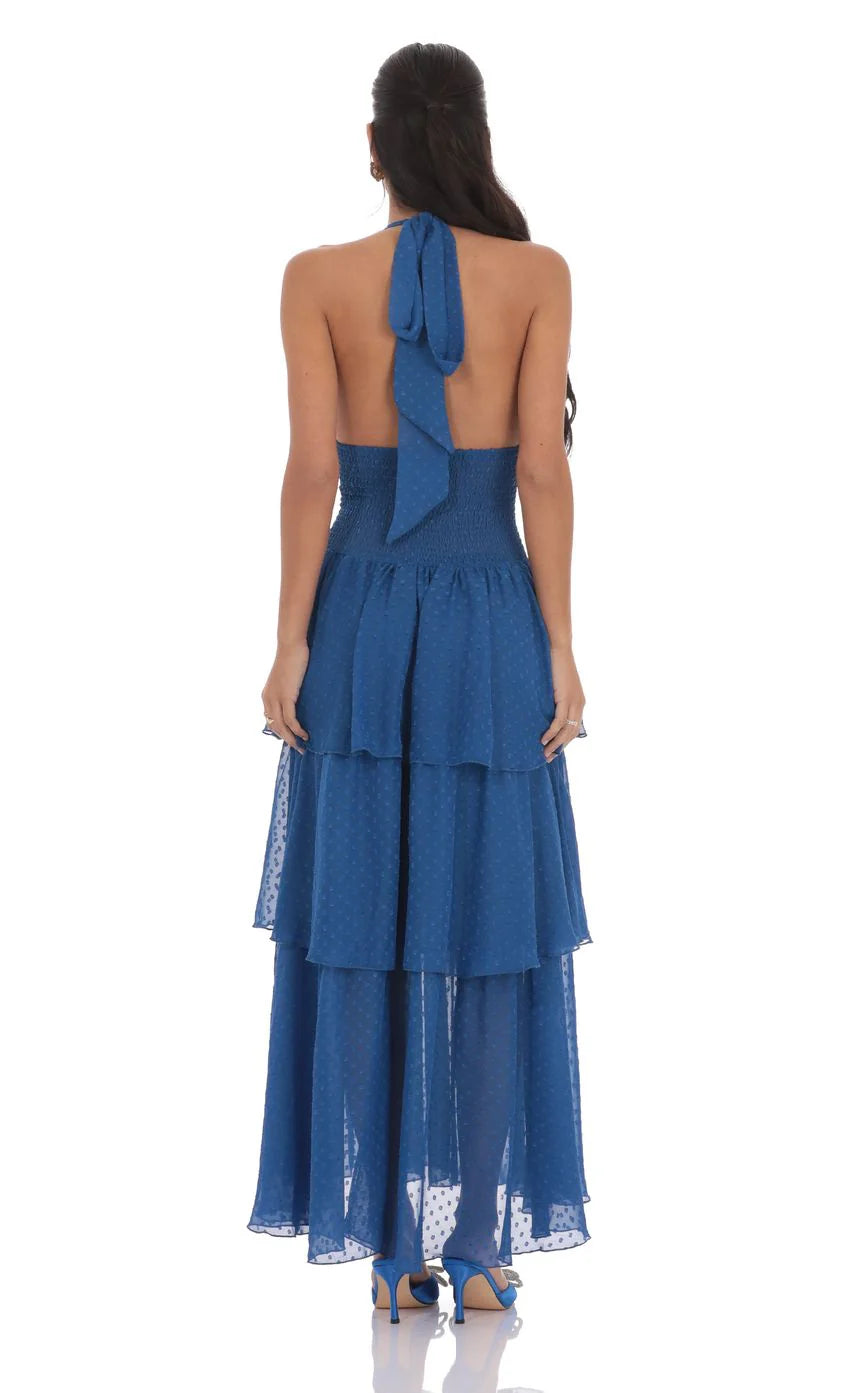 Dotted Smocked Halter Maxi Dress in Blue