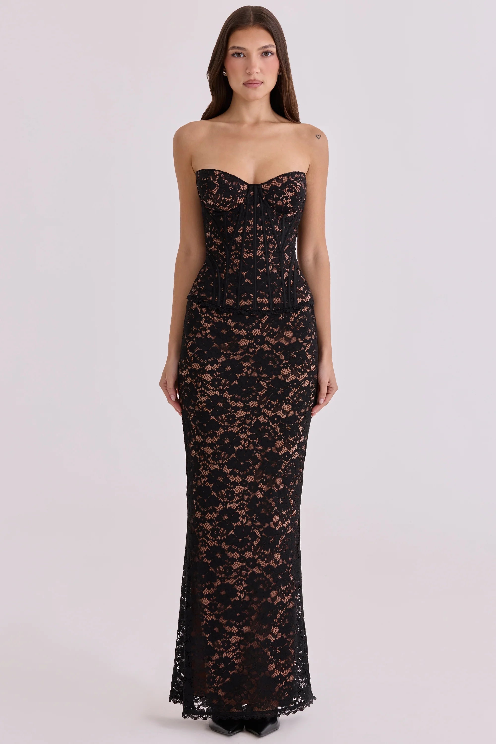 black + blush lace corset maxi dress