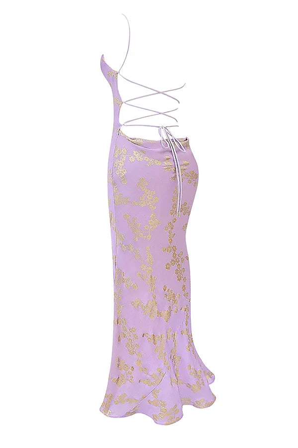 orchid jacquard satin gown