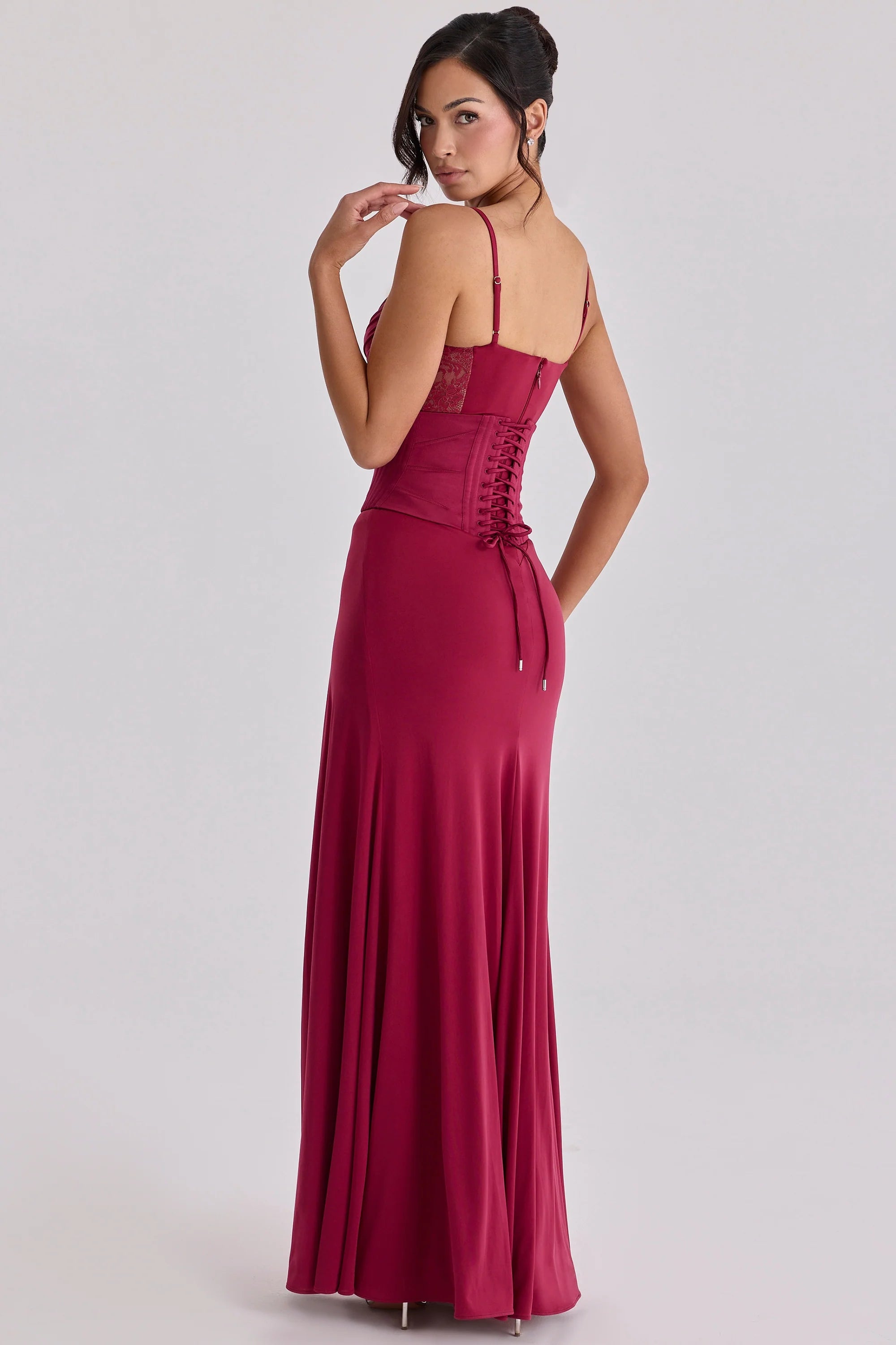 wine lace trim maxi dress + corset