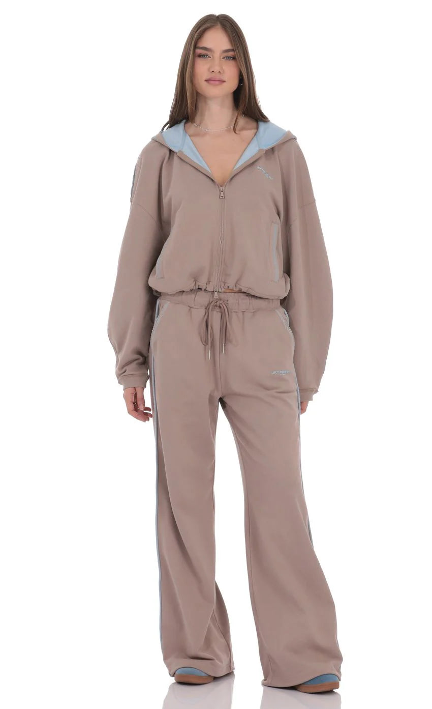 Two-Toned Cropped Hoodie in Taupe
