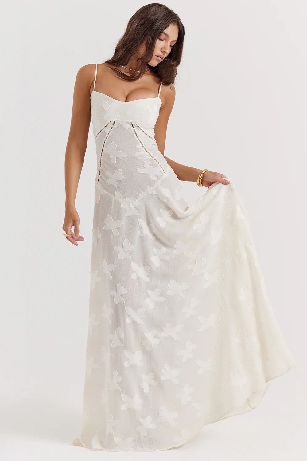 vintage cream floral lace back maxi dress