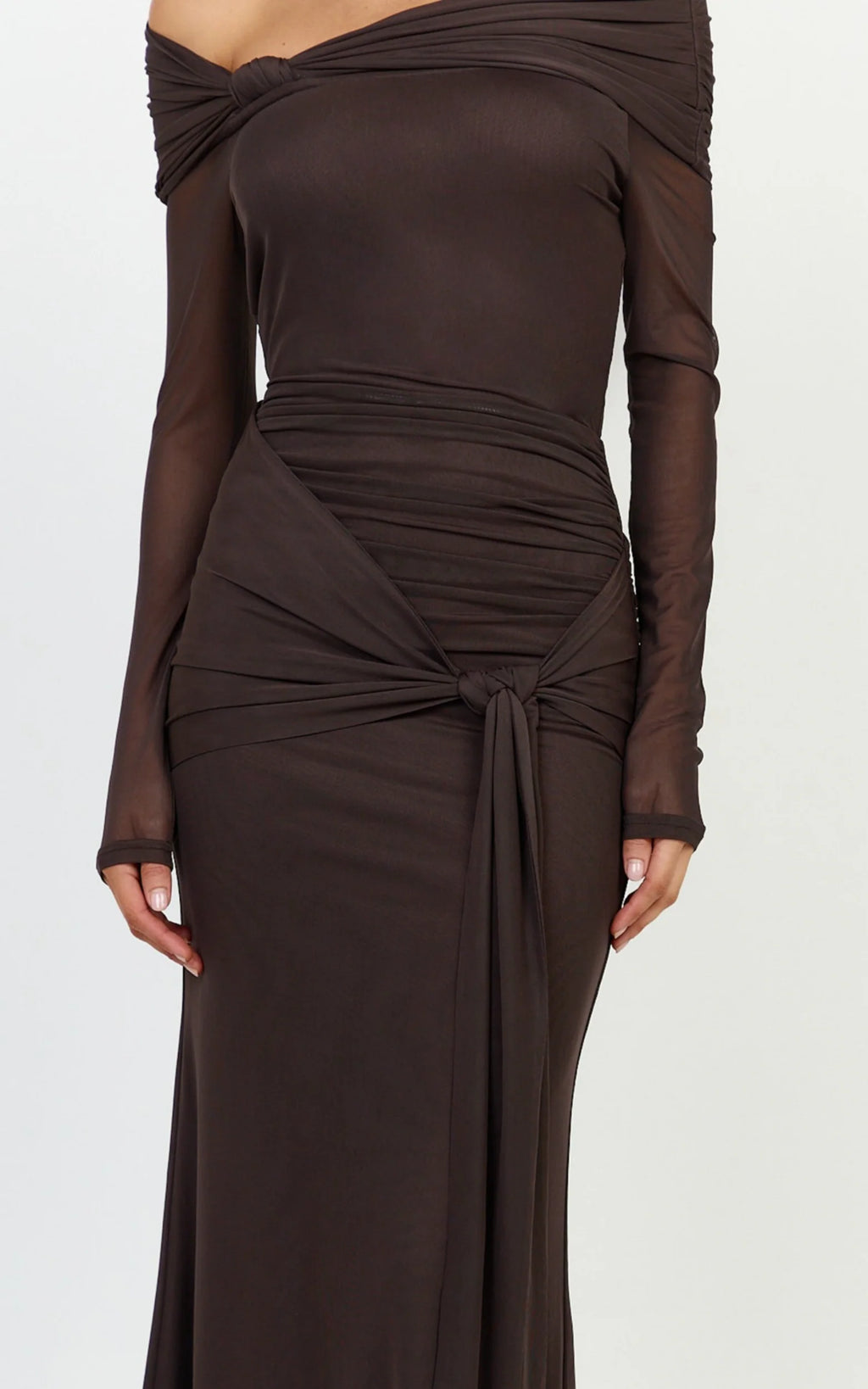 Waverly Maxi Dress - Long Sleeve Off Shoulder Dress in Chocolate