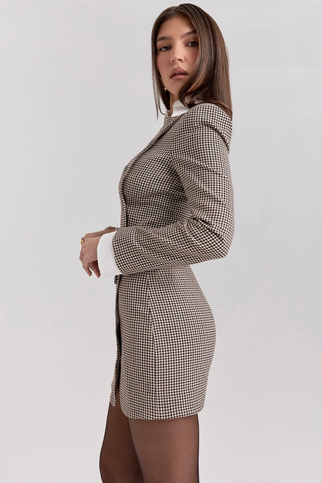 brown puppytooth check bodycon mini dress