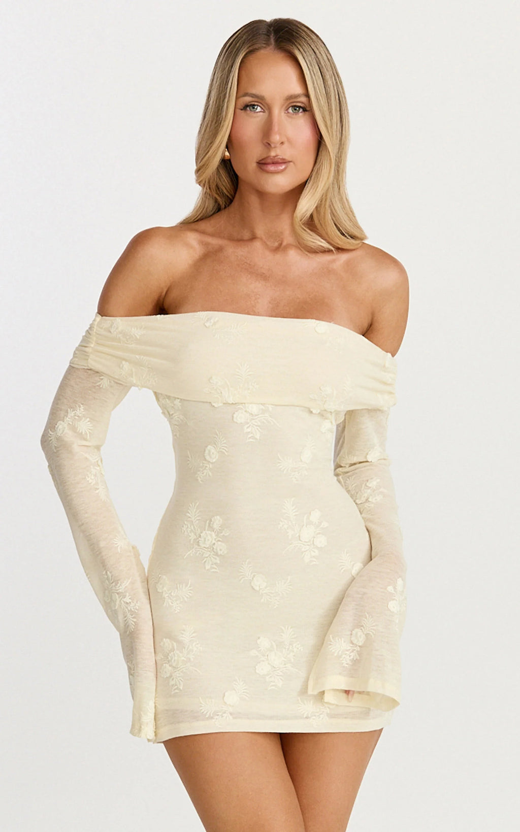 Raymond Mini Dress - Off Shoulder Long Sleeve Fitted Dress in Lemon