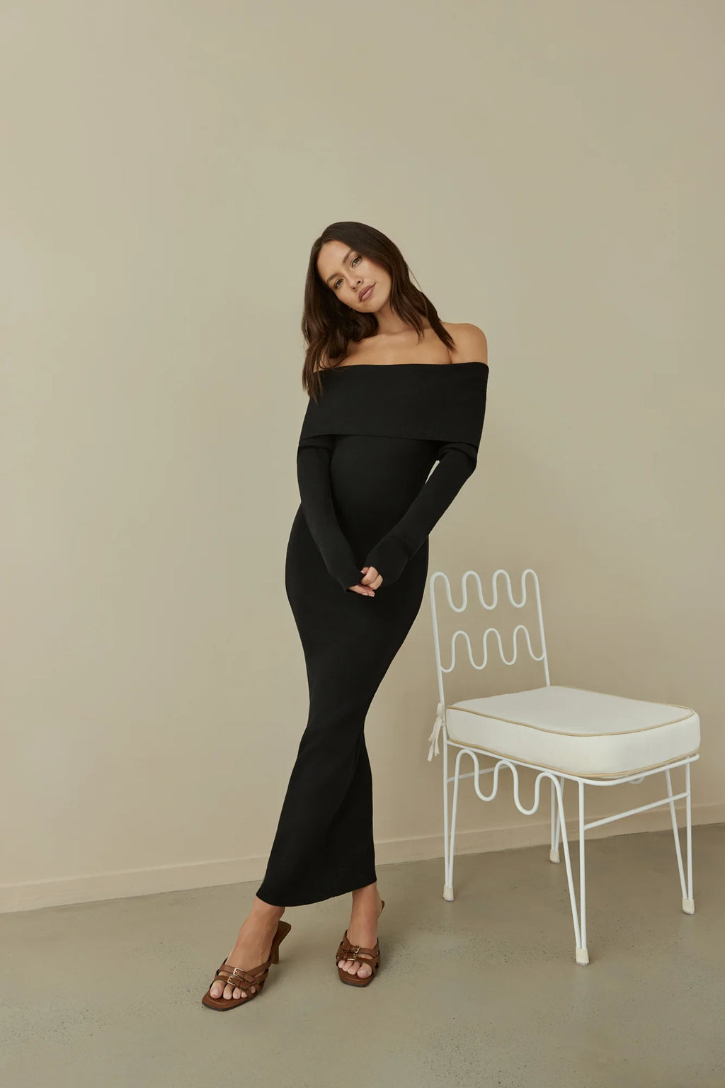 Angels Sing Off Shoulder Knit Maxi Dress Black