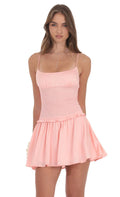 Smocked Satin Dress in Coral