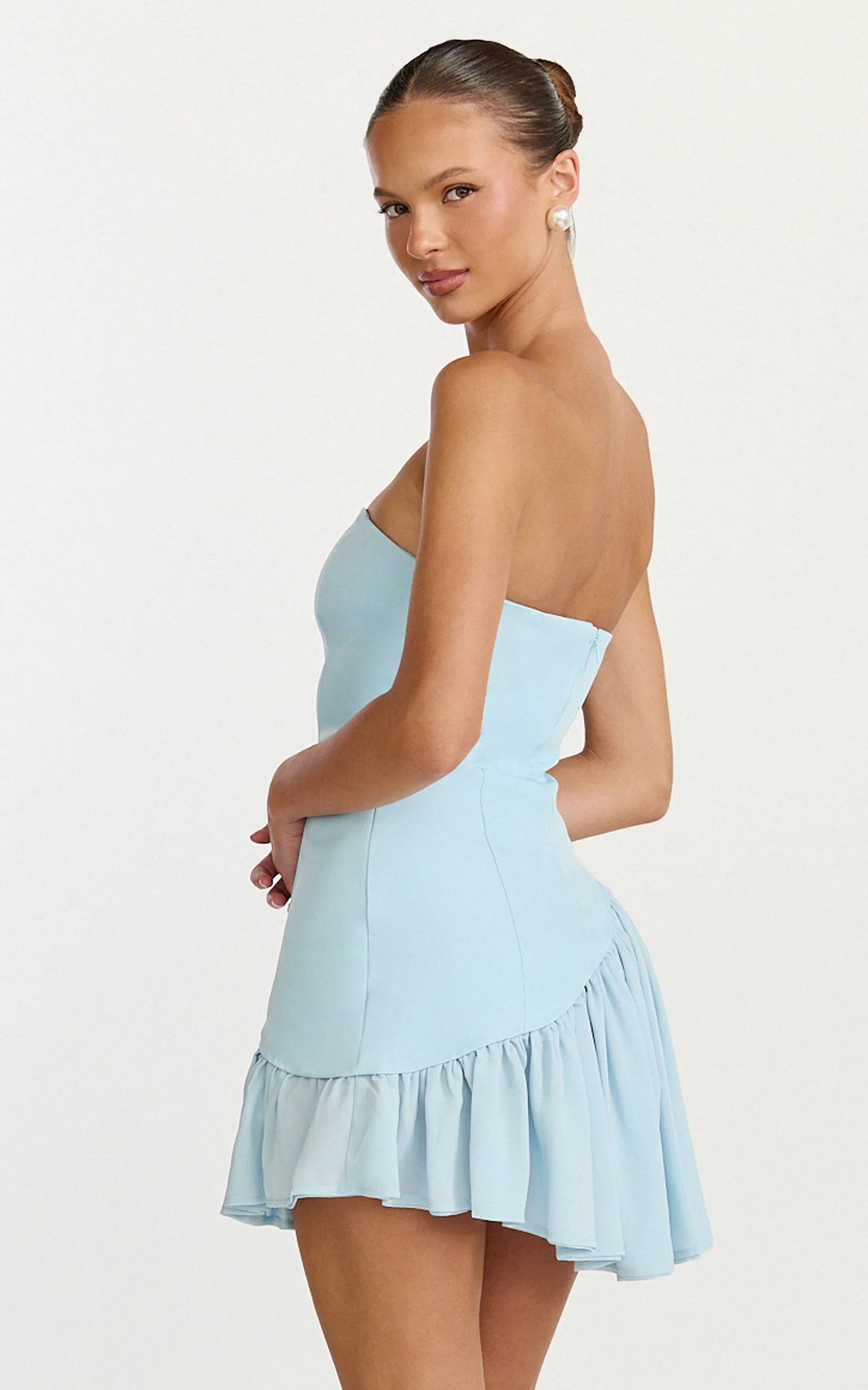 Calla Mini Dress - Strapless Gathered Asymmetric Dropped Waist Dress in Light Blue