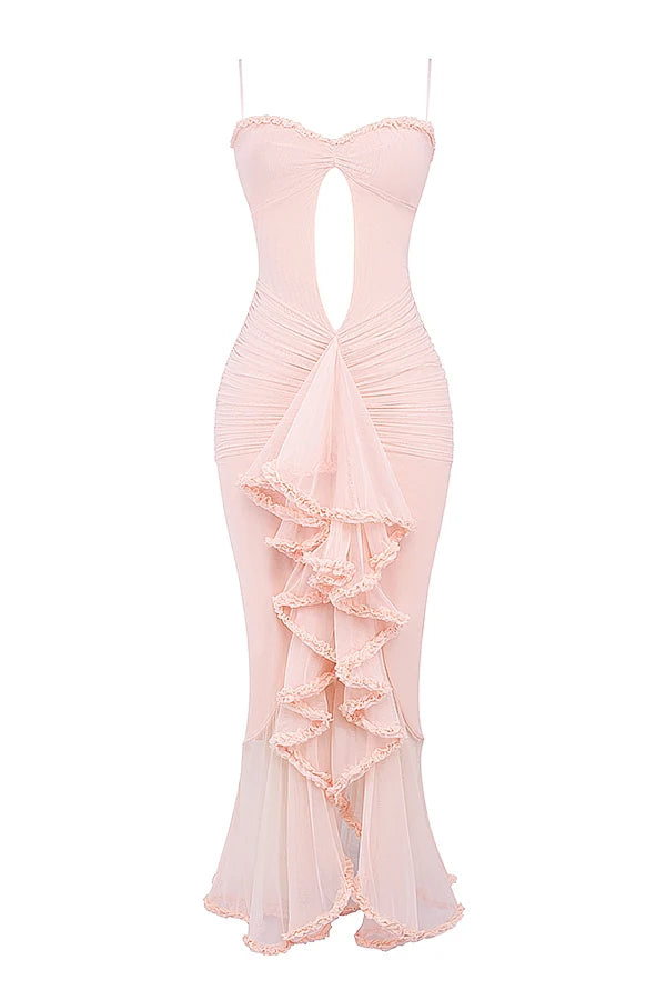 soft peach ruffled front gown