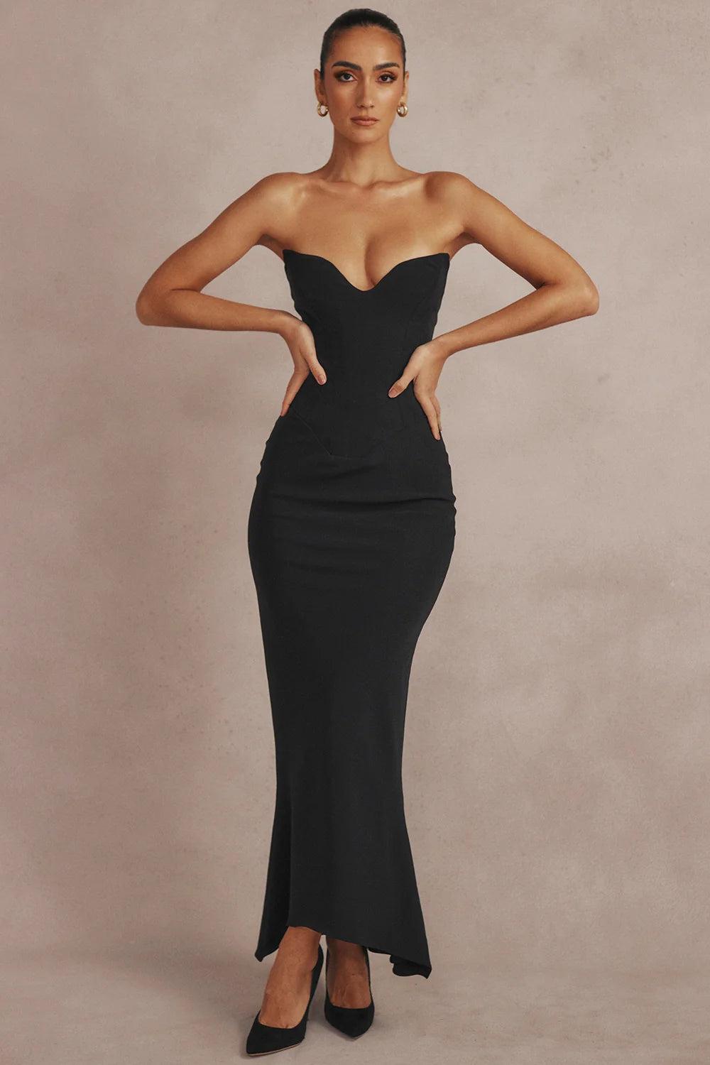 black crepe strapless corset dress