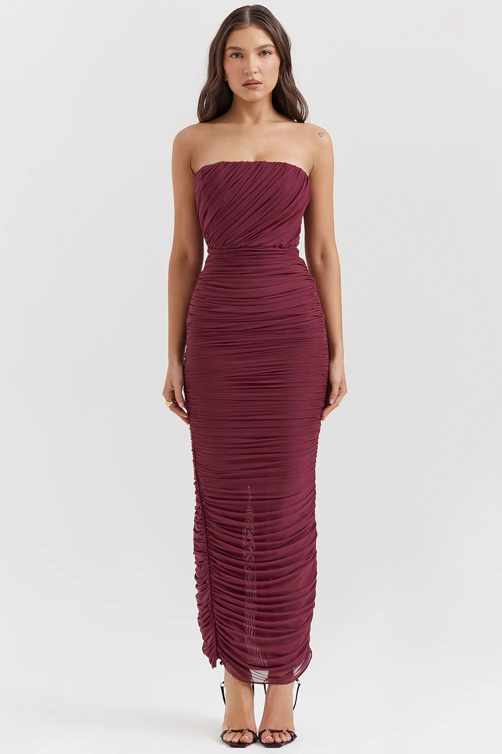 wine gathered maxi dress