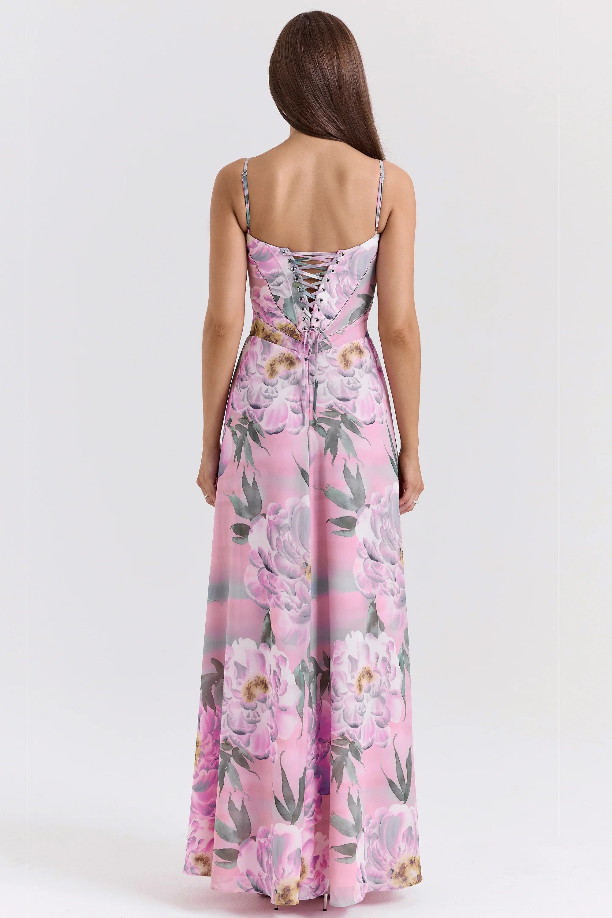 pink floral print lace back maxi dress
