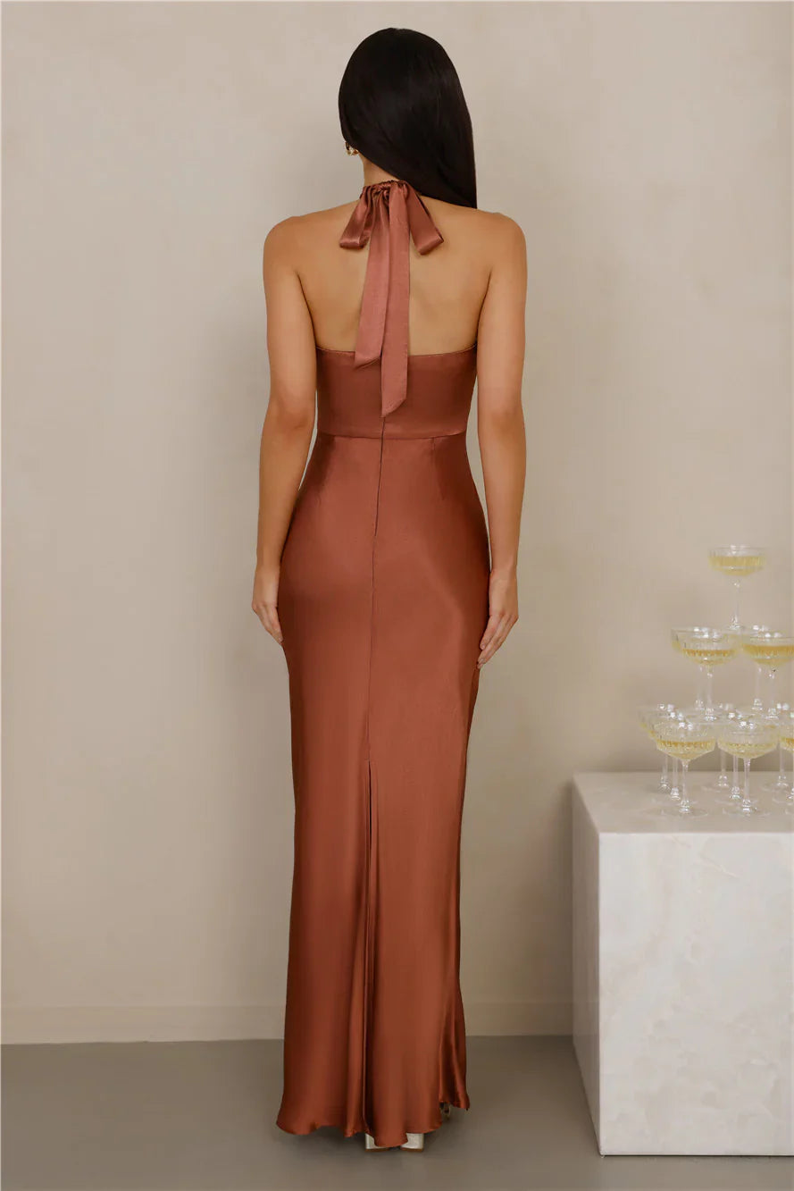 The Cleo Halter Satin Maxi Dress Copper