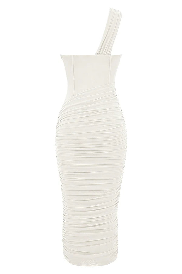 ivory asymmetric cutout midi dress
