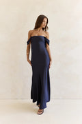 Late Night Dreams Off Shoulder Satin Maxi Dress Navy